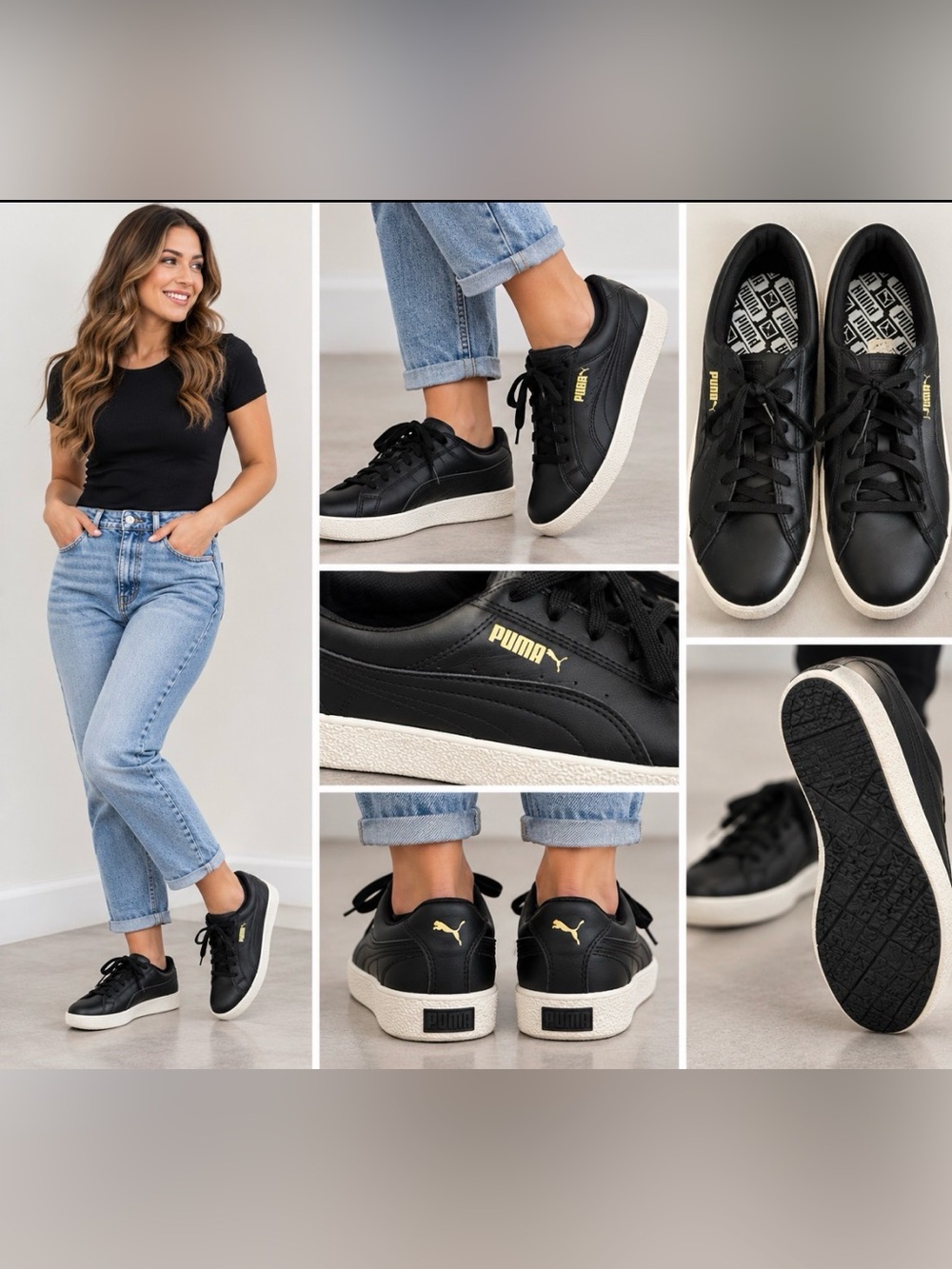 Puma Black Sneakers with Gold Logo and White Platform Size 9.5